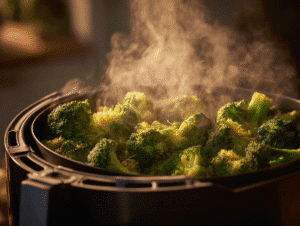 shaking air fryer basket while cooking broccoli