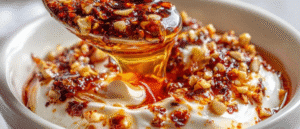 Close-up of a spoon tasting glossy chili oil mayo with visible chili bits