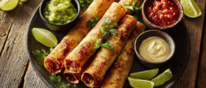 Crispy taquitos served with salsa, guacamole, and crema