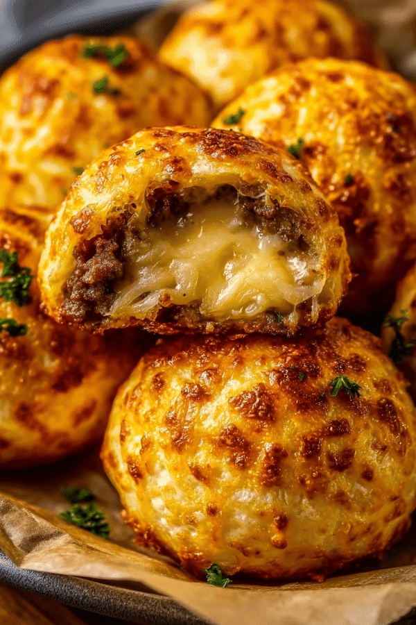 Air Fryer Garlic Parmesan Cheeseburger Bombs on parchment paper