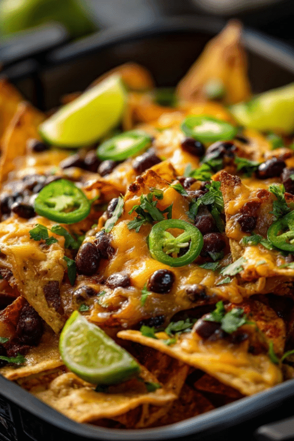 Air Fryer Nachos recipe close-up with melted cheese and jalapeños