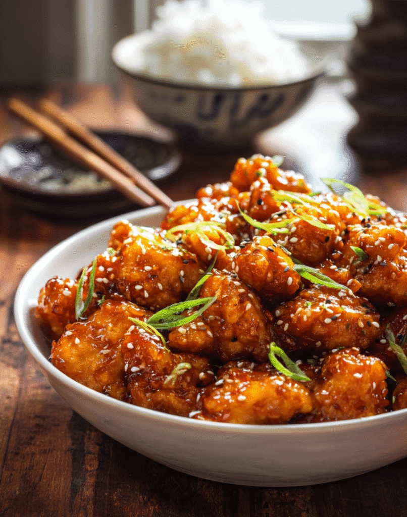 Air fryer orange chicken — glossy mandarin orange glaze and sesame seeds