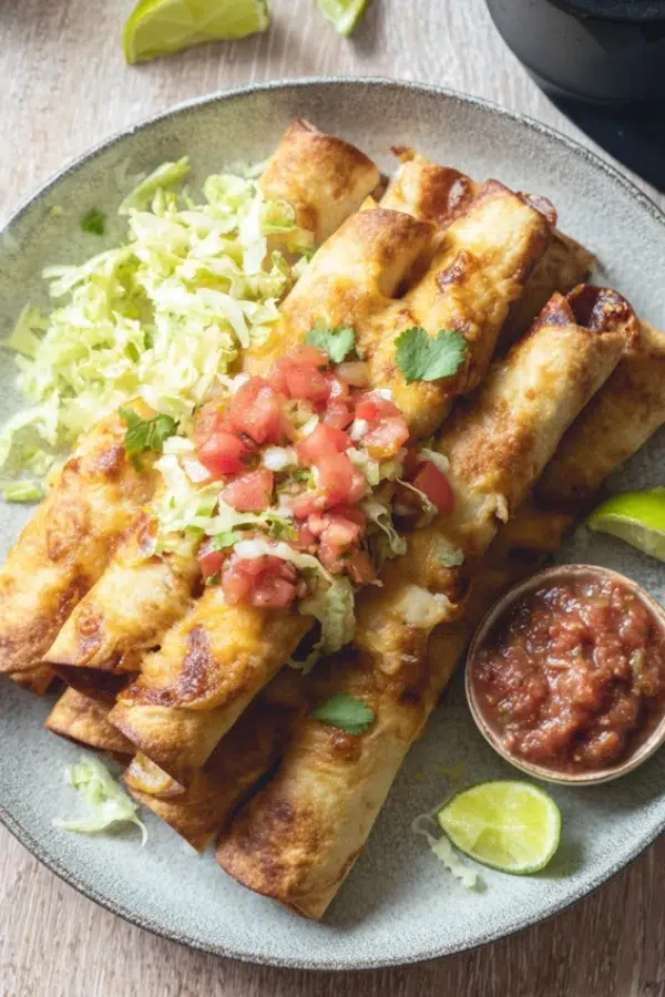 Air fryer taquitos and flautas on a platter with salsa, guacamole, and crema crispy and golden