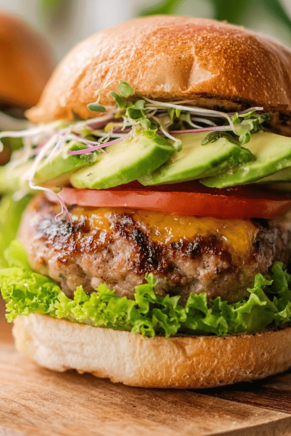 A realistic, close-up photo of a freshly assembled air fryer turkey burger topped with avocado, showing crisp edges and a soft toasted bun.