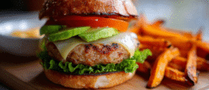 assembling air fryer turkey burger with avocado and toppings