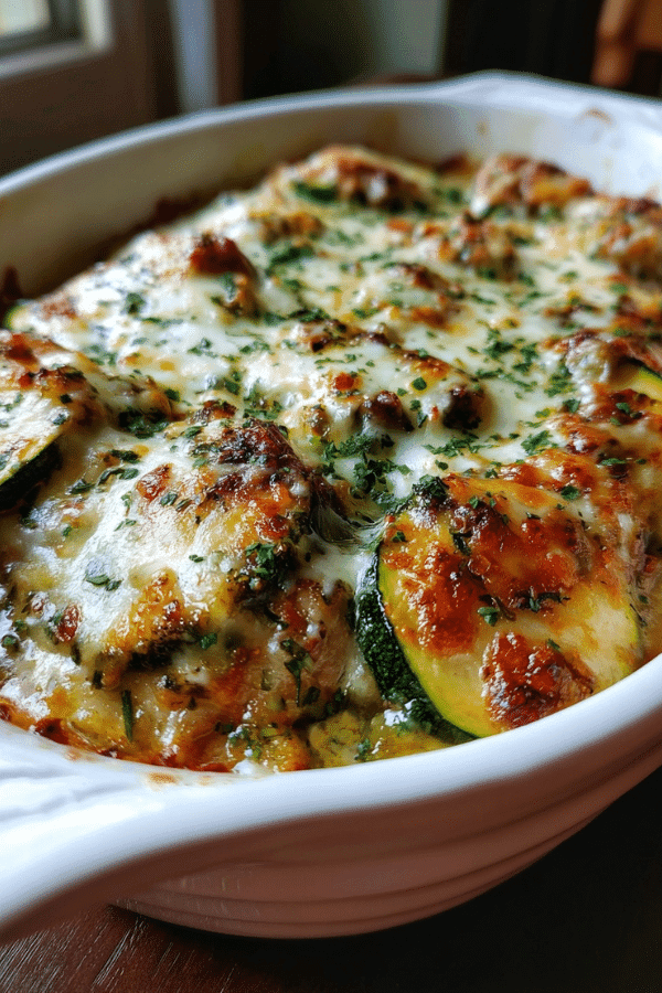 High Protein Easy Chicken Zucchini Bake Recipe baked with zucchini and herbs