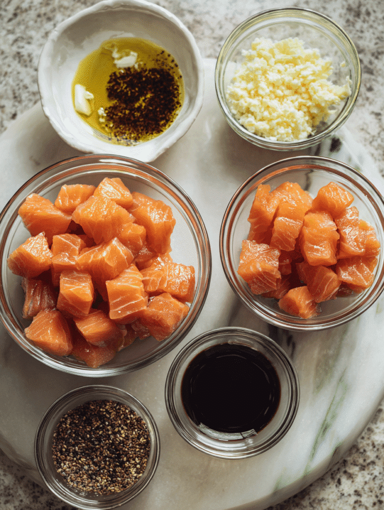 ingredients for crispy air fryer honey garlic salmon bites (20-minutes)