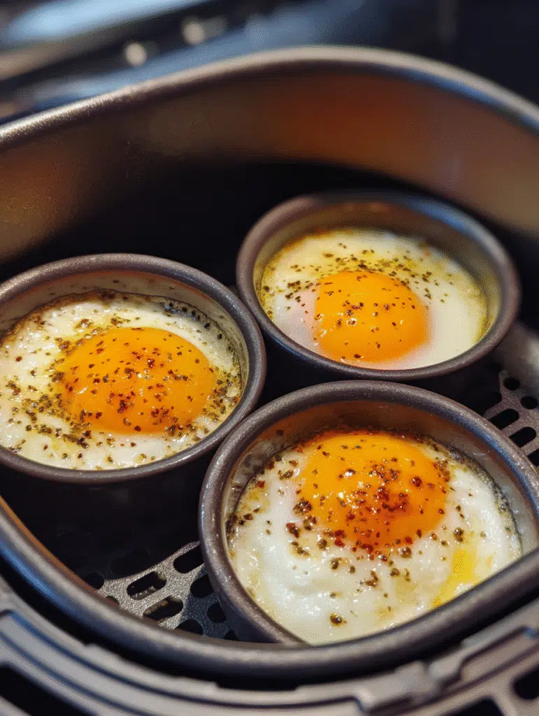 Poached eggs cooked in air fryer oven ramekins
