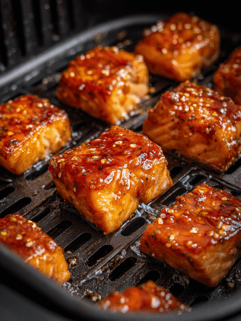 salmon bites cooking in air fryer for crispy honey garlic recipe