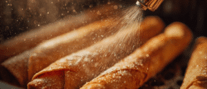 Spraying oil over taquitos for crispiness