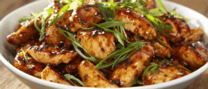 Air fryer orange chicken garnished with sesame and scallions