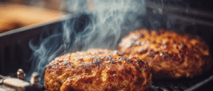 turkey burger patties cooking in air fryer basket reaching 165°F