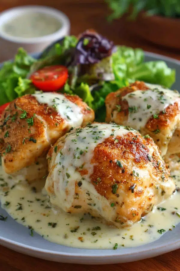 Chicken Pillows With Creamy Parmesan Sauce in Air Fryer on Mediterranean board