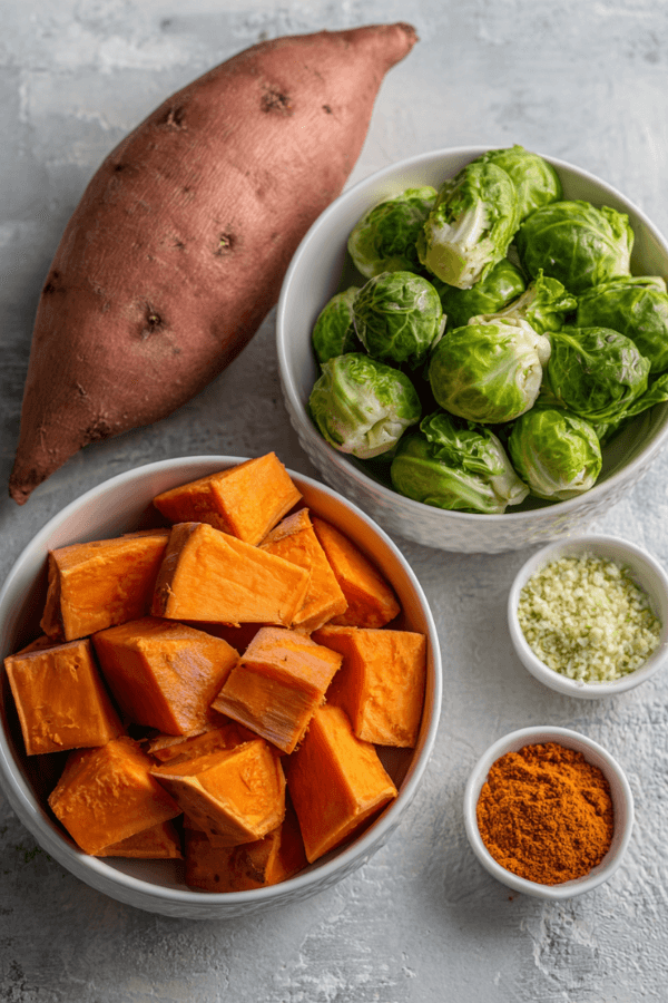 Ingredients for the Perfect Air Fryer Sweet Potato With Brussel Sprouts