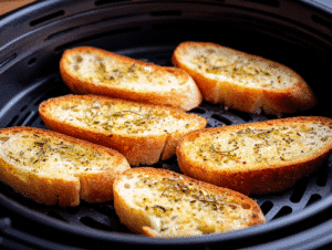 Lightly brush the bread slices with olive oil and air fry for 3–5 minutes until golden brown.