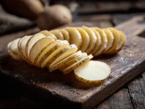 Wash and dry the potatoes. Slice them thinly across the top, stopping just before cutting through the bottom to create a fan effect.
