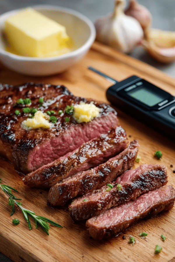 Perfectly cooked air fryer steak sliced on a cutting board next to a meat thermometer and garlic butter.