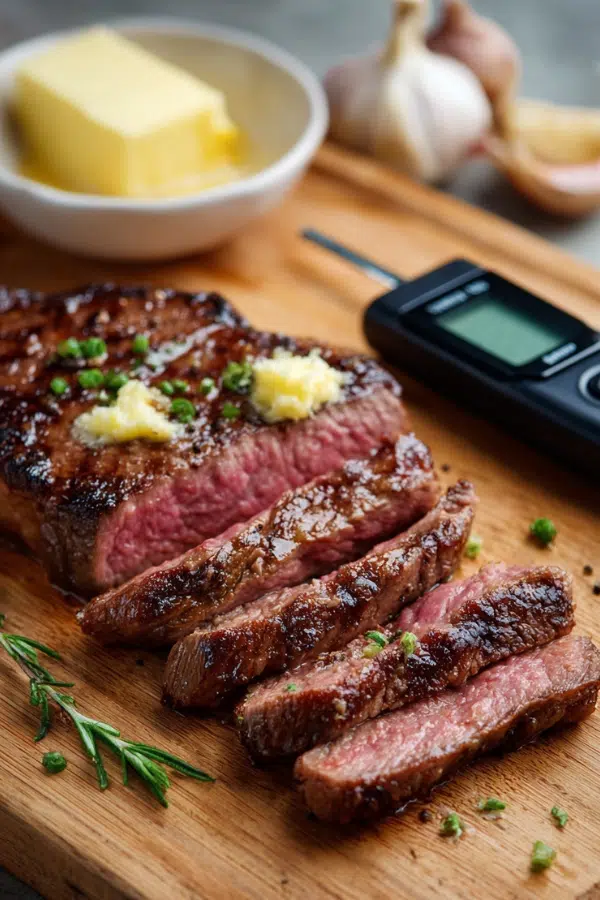 Perfectly cooked air fryer steak sliced on a cutting board next to a meat thermometer and garlic butter.