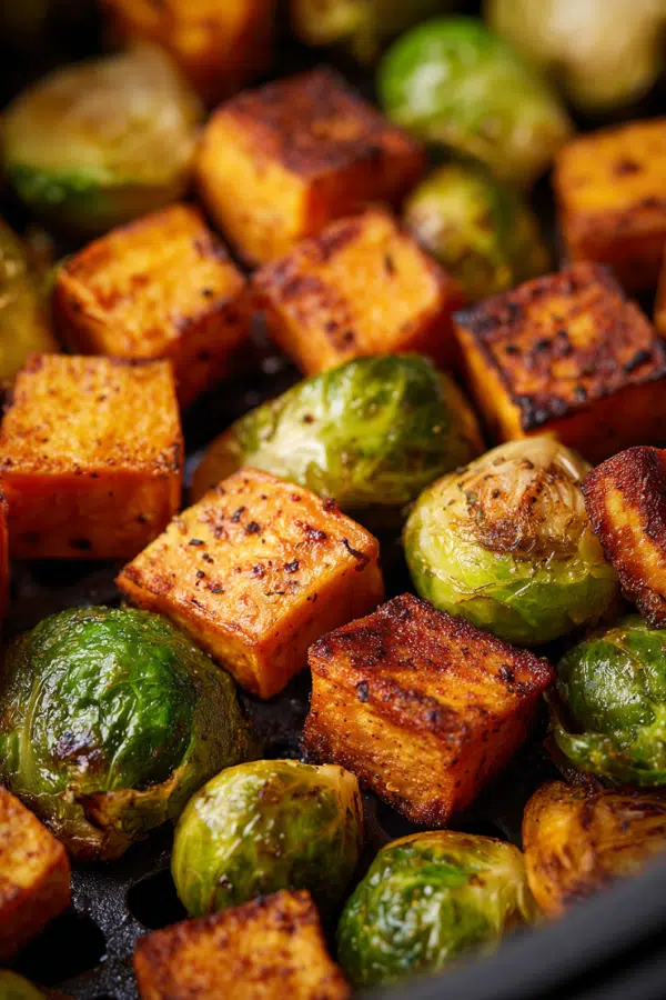 Air Fryer Sweet Potato With Brussel Sprouts crispy mix
