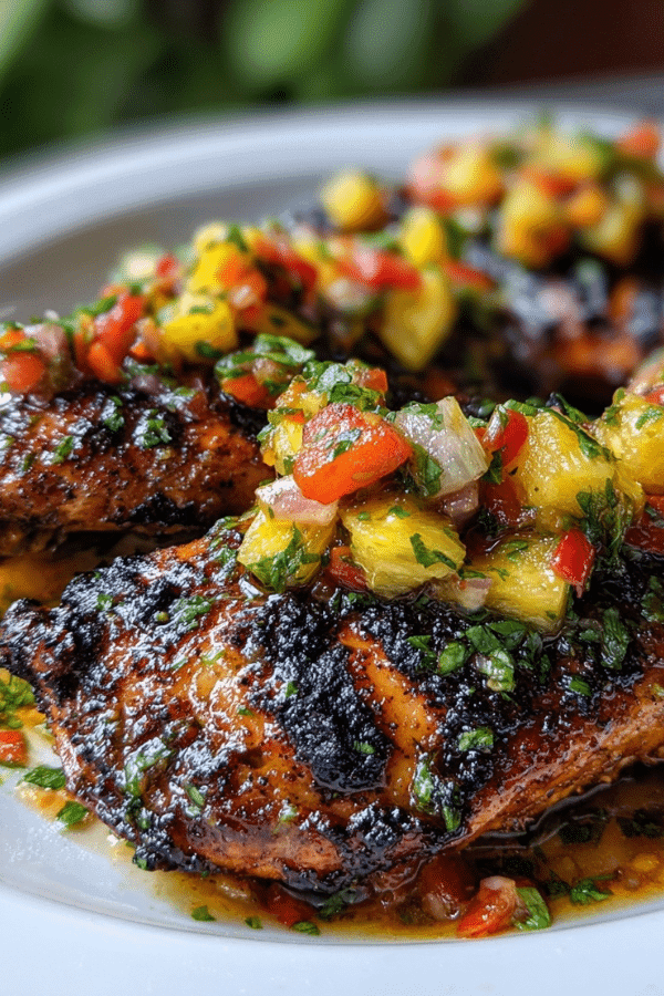 Caribbean Jerk Chicken with Pineapple Salsa in air fryer healthy dinner
