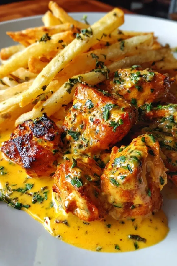 Creamy Peri-Peri Chicken Bites with Garlic Herb Fries close-up