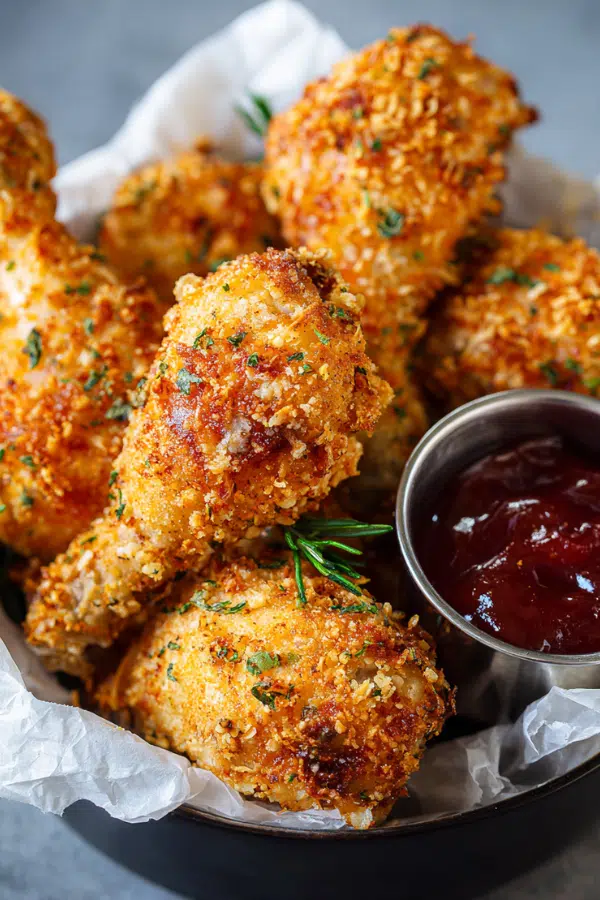 crispy fried chicken drumstick pops on wooden board