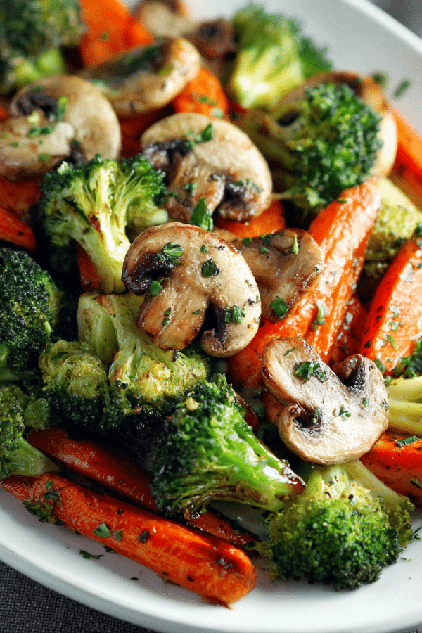 garlic butter veggie medley with broccoli carrots mushrooms in air fryer