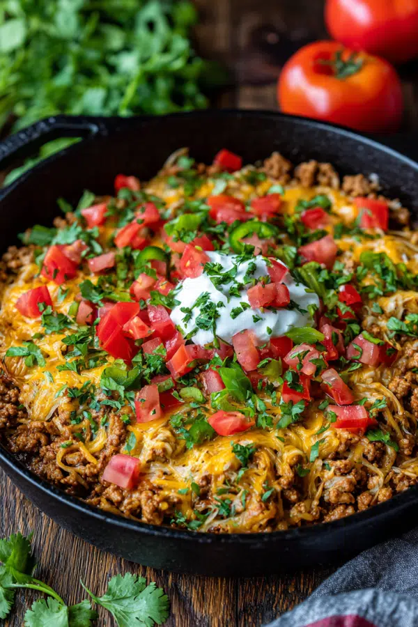 Healthy Ground Turkey Taco Skillet cooked in air fryer close-up