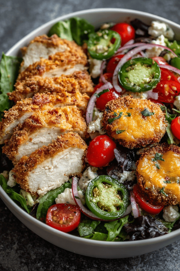 Jalapeño Popper Chicken Salad in air fryer bowl recipe with spicy jalapenos and creamy chicken