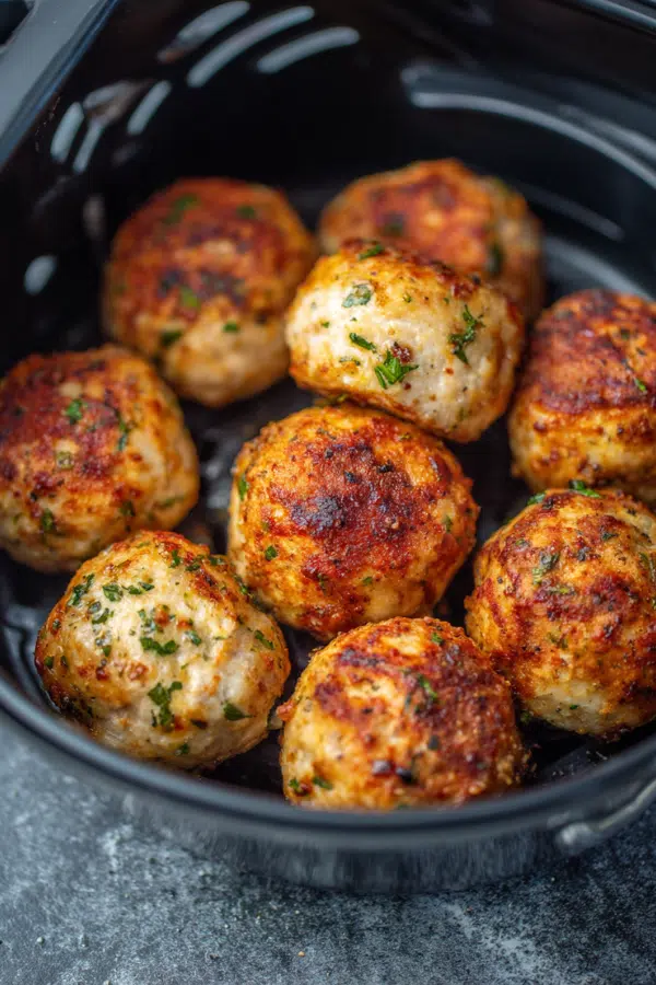 Keto Turkey Meatballs in Air Fryer cooked to a golden brown
