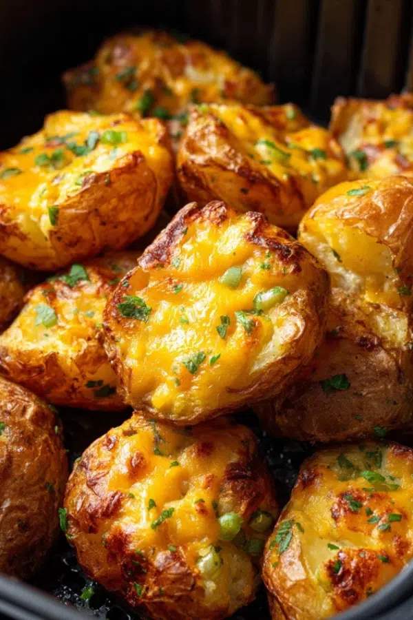Loaded crispy smash potatoes in air fryer with melted cheese and herbs