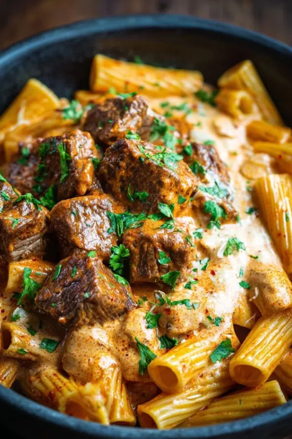 Air Fryer Cajun Steak Tips in Cheesy Rigatoni Parmesan Sauce close-up