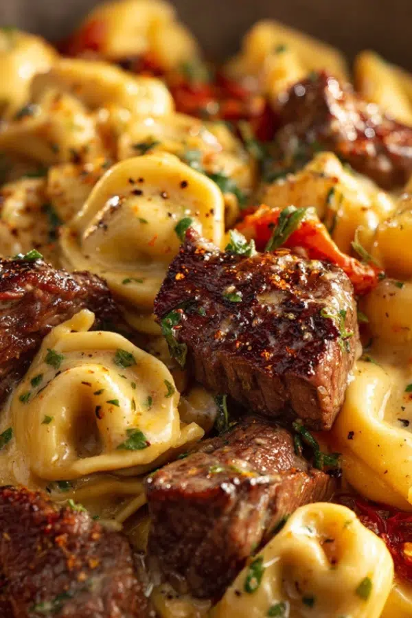 Air Fryer Garlic Steak Tortellini creamy pasta