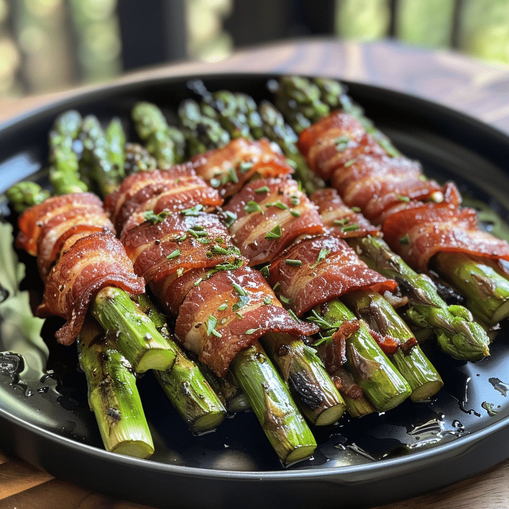 Hands wrapping turkey bacon around asparagus bundles before air frying