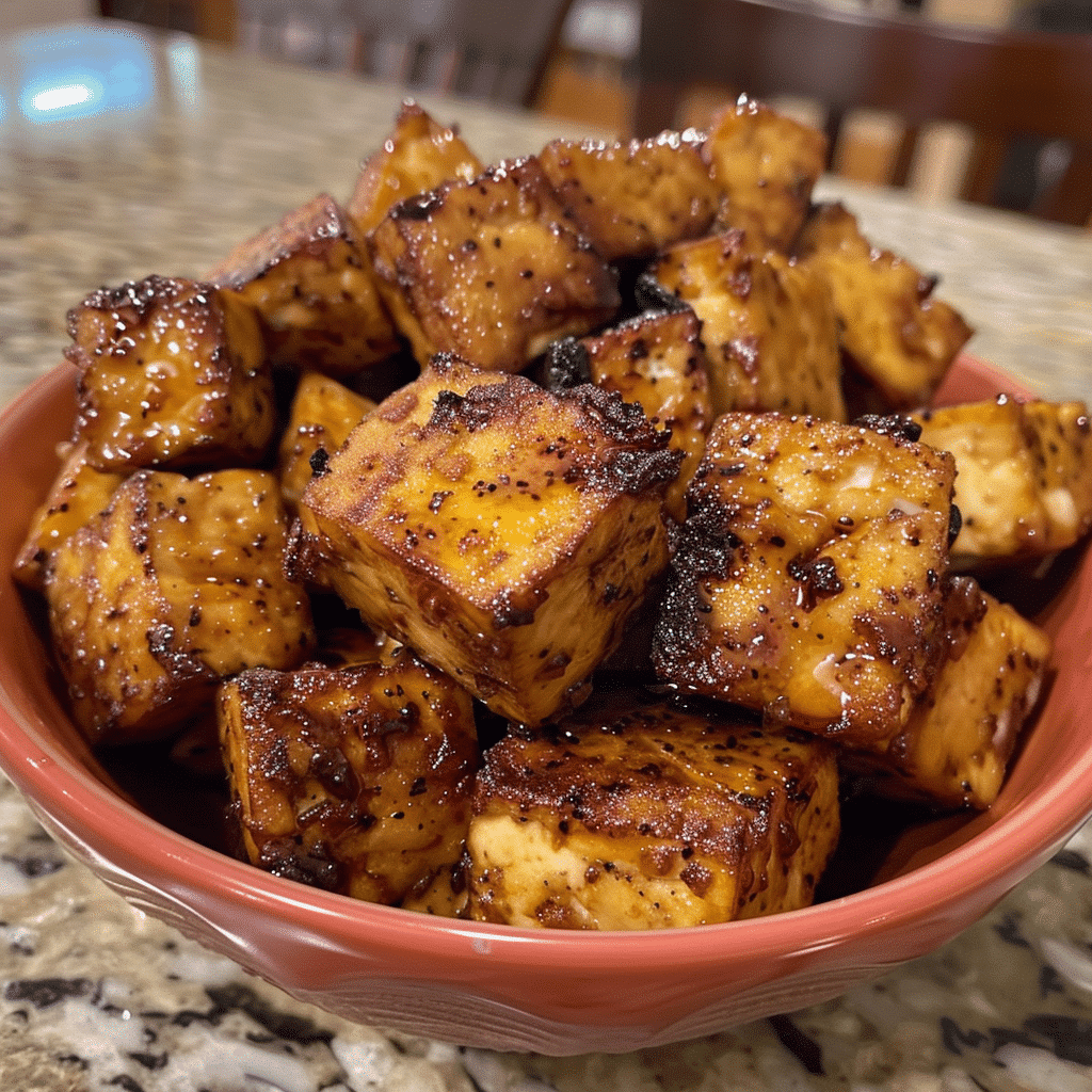 Tofu cubes coated with cornstarch mixture for air fryer bang bang tofu