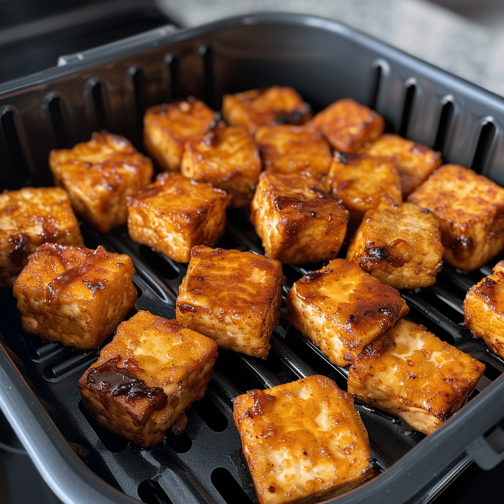 Tofu cubes arranged in air fryer basket for even crisping