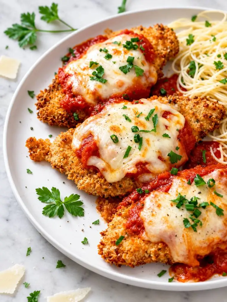 Air Fryer Chicken Parmesan topped with marinara sauce and melted mozzarella, served with spaghetti and fresh parsley on a white plate.